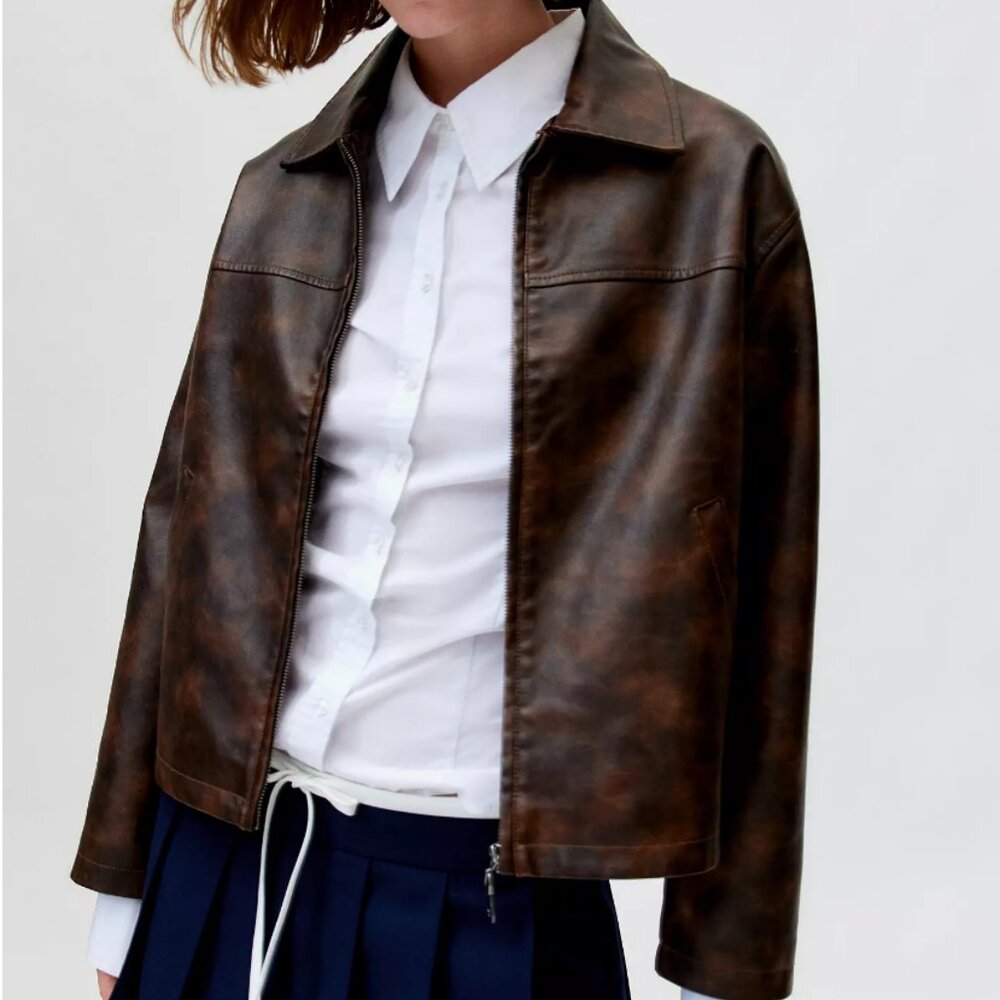 BDG Sasha Faux Leather Car Jacket in brown NEW WITH TAGS